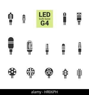 LED light bulbs with G4 base, vector silhouette icon set on white background Stock Vector