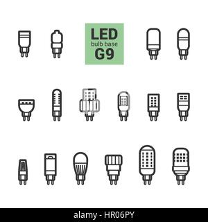 LED light bulbs with G9 base, vector outline icon set on white background Stock Vector