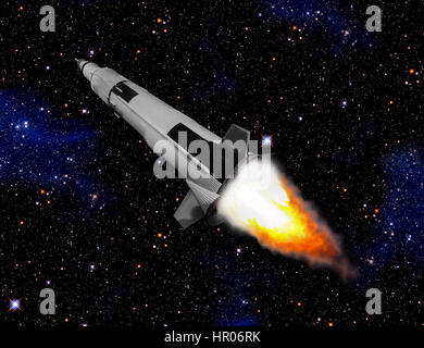 Spaceship flying through space on a background of stars. Rocket with flame of engine flies into space. Stock Photo