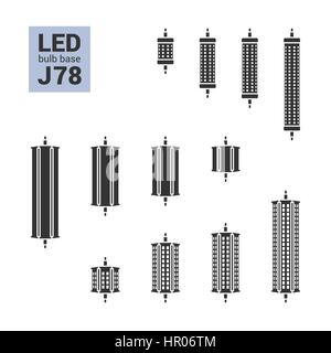 LED light bulbs with J78 and J118 base, vector silhouette icon set on white background Stock Vector