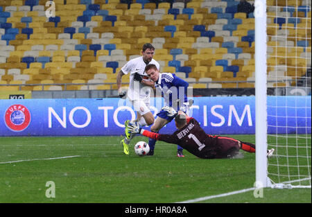 KYIV, UKRAINE - OCTOBER 26, 2016: Viktor Tsygankov of FC Dynamo Kyiv (in Blue) scores a goal during the Cup of Ukraine Round of 16 game against Zorya  Stock Photo