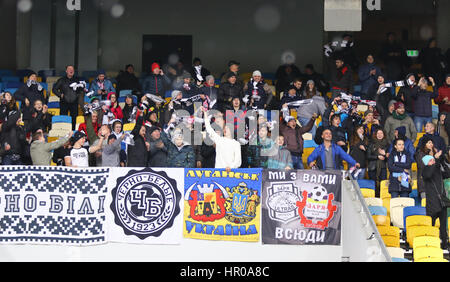 KYIV, UKRAINE - OCTOBER 26, 2016: FC Zorya Luhansk supporters show their support during Cup of Ukraine game against FC Dynamo Kyiv at NSC Olimpiyskyi  Stock Photo