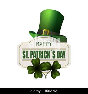 Green hat. Two leaf clover. Happy St. Patrick s Day inscription. Isolated on white background. Vector illustration Stock Vector