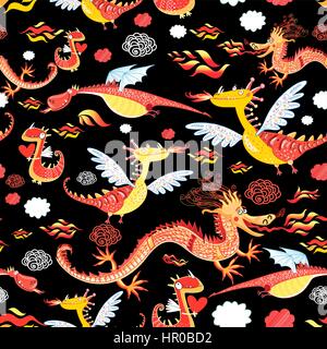 Seamless pattern of bright funny dragon on a black background Stock Vector