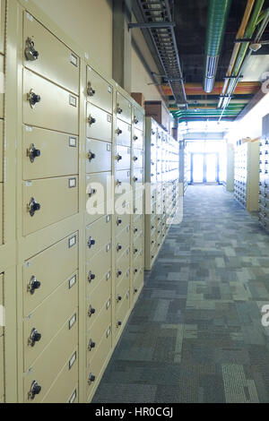 Rows of lockers in a university building hallway. Stock Photo