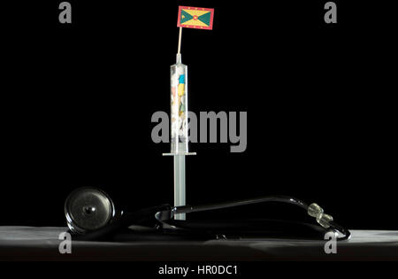 Stethoscope and syringe filled with drugs injecting the Grenada flag on a black background Stock Photo