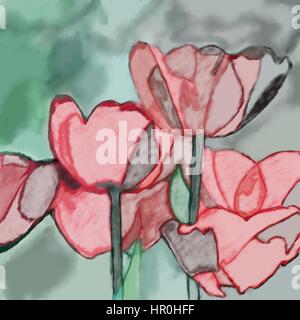 Watercolor tulip art background, digital oil flower paintings Stock Photo