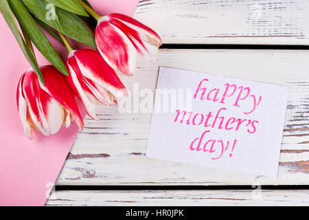 Plucked tulips on wood. Mom's favourite flowers. Stock Photo