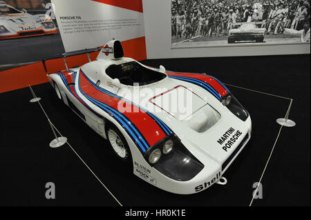 A Porsche 936 famously driven by Jacky Ickx and Derek Bell in the Le Mans 24 Hours race on display at the London Classic Car Show which is taking place at ExCel London.  More than 800 of the world's finest classic cars are on display at the show ranging from vintage pre-war tourers to a modern concept cars.  The show brings in around 33,000 visitors. ranging from serious petrol heads to people who just love beautiful classic vehicles. Stock Photo