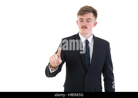 a businessman in formal wear pushing forefinger screen on white background Stock Photo