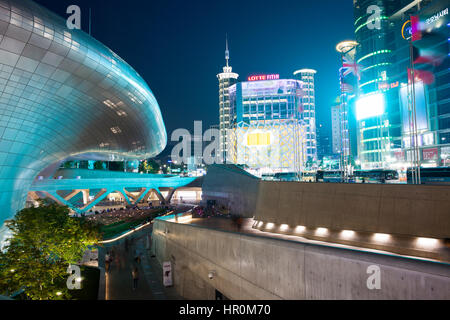 Seoul, Republic of Korea - 15 August 2014: Night view of Dongdaemun Plaza, skyscrapers and shopping area on August 15, 2014, Seoul, Korea.