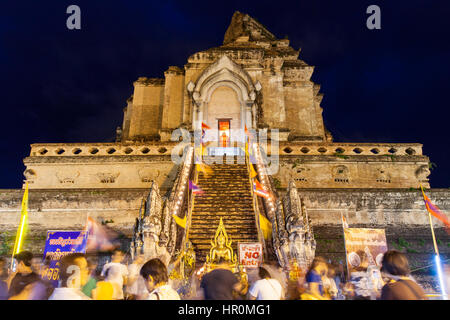 Chiang Mai, Thailand - 29 May, 2014: Crowd of people worshiping at Wat Chedi Luang during City Pillar Festival ( Inthakin Festival)