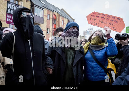 London, UK. 25th Feb, 2017. Anti-fascists protest in Dalston, NE London outside the LD50 art gallery calling for its closure after accusing it of promoting ‘hate speech not free speech’ by hosting an exhibition featuring far-right artwork and nationalist speakers. © Guy Corbishley/Alamy Live News Stock Photo