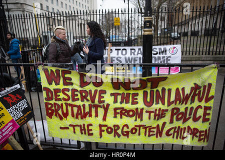 London, UK. 25th Feb, 2017. Supporters of Help4Refugee Children protest opposite Downing Street to call for the reinstatement of the Lord Dubs Amendment to help refugee children. Credit: Mark Kerrison/Alamy Live News Stock Photo