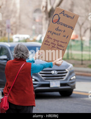 Washington DC, USA. 25th February 2017. Progressive activists (Obamacare supporters) rally and protest against the Republican Congress plans to repeal and replace the Affordable Care Act ( ACA ) on Capitol Hill. Credit: B Christopher/Alamy Live News Stock Photo