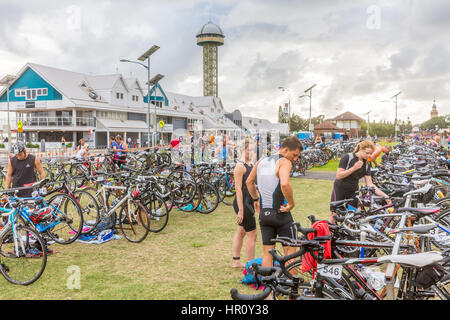 Newcastle, New South Wales, Australia. 26th February 2017. Newcastle hosts its 24th annual triathlon event commencing at Queens Wharf in the heart of this harbour city in New South Wales, Australia. Credit: martin berry/Alamy Live News Stock Photo