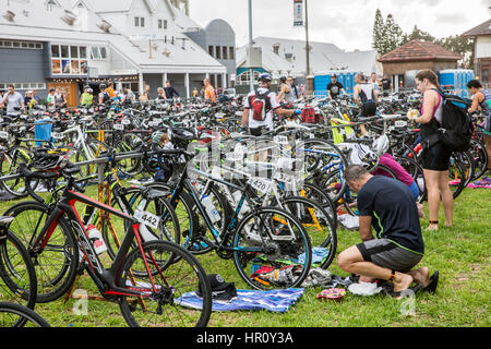 Newcastle, New South Wales, Australia. 26th February 2017. Newcastle hosts its 24th annual triathlon event commencing at Queens Wharf in the heart of this harbour city in New South Wales, Australia. Credit: martin berry/Alamy Live News Stock Photo