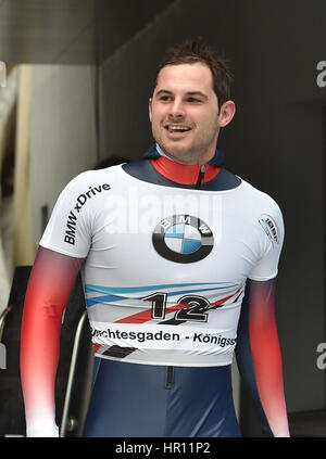 Schoenau am Koenigssee, Germany, 26 February 2017.    Skeleton pilot Dominic Edward Parsons from Great Britain reacts after the 4th run in The Bobsleigh and Skeleton World Championships 2017 takes place from 13 February to 26 February 2017 at the artificial ice track in Schoenau am Koenigssee. Photo: Angelika Warmuth/dpa/Alamy Live News/Alamy Live News Stock Photo