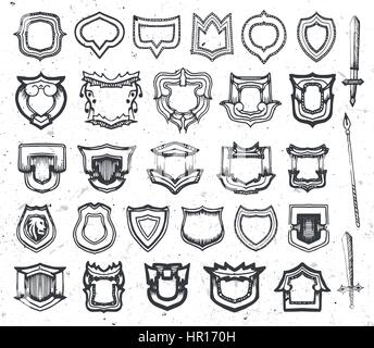 Isolated abstract black and white color coat of arms,shield and sword logos set, ancient weapon logotypes collection vector illustration. Stock Vector