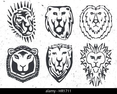 Isolated abstract black and white color coat of arms with lion image logos set, medieval shields logotypes collection vector illustration. Stock Vector