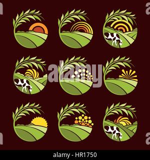 Isolated abstract round shape green color natural landscape with sun, cow and wheat ear logo set, farming logotype vector illustration. Stock Vector