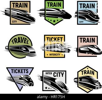 Isolated modern gravure style train in colorful frame logos set on white background vector illustration. Stock Vector