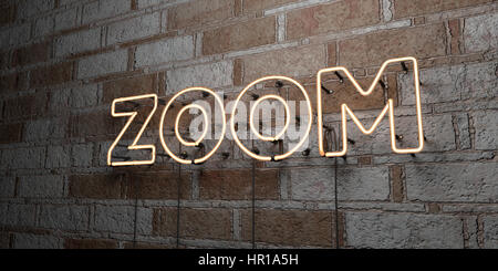 ZOOM - Glowing Neon Sign on stonework wall - 3D rendered royalty free stock illustration.  Can be used for online banner ads and direct mailers. Stock Photo