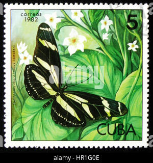 MOSCOW, RUSSIA - FEBRUARY 19, 2017: A Postage stamp printed in Cuba shows butterfly Heliconius charithonius ramsdeni, circa 1982 Stock Photo