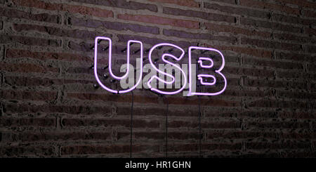 USB -Realistic Neon Sign on Brick Wall background - 3D rendered royalty free stock image. Can be used for online banner ads and direct mailers. Stock Photo