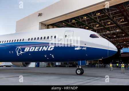 The new Boeing 787-10 Dreamliner aircraft unveiled at the Boeing factory February 17, 2016 in North Charleston, SC. President Donald Trump attended the rollout ceremony for the stretch version of the aircraft capable of carrying 330 passengers over 7,000 nautical miles. Stock Photo