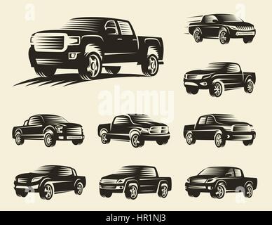 Isolated monochrome pickup trucks logo set, cars logotypes collection, black color automotive vehicle vector illustration. Stock Vector