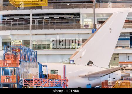 Manufacturing production line for the new Boeing 787-10 Dreamliner aircraft unveiled at the Boeing factory February 17, 2016 in North Charleston, SC. President Donald Trump attended the rollout ceremony for the stretch version of the aircraft capable of carrying 330 passengers over 7,000 nautical miles. Stock Photo