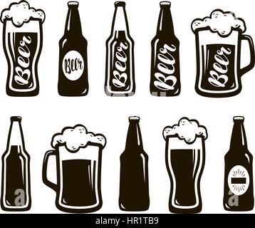 Glass of beer, ale, lager. Mug, bottle set of icons. Oktoberfest, restaurant, pub, bar symbol. Vector illustration Stock Vector