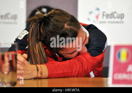 CLUJ-NAPOCA, ROMANIA - APRIL 13, 2016: Romanian tennis player Simona Halep answering questions during the press conference before Tennis Fed Cup by BN Stock Photo