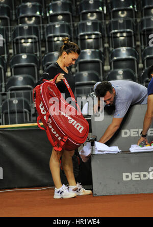 CLUJ-NAPOCA, ROMANIA - APRIL 15, 2016: Romanian tennis player Simona Halep (WTA ranking 6) plays during the training before the match against Germany Stock Photo