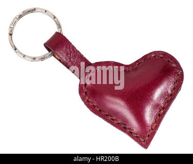 red leather heart shape keychain isolated on white background Stock Photo