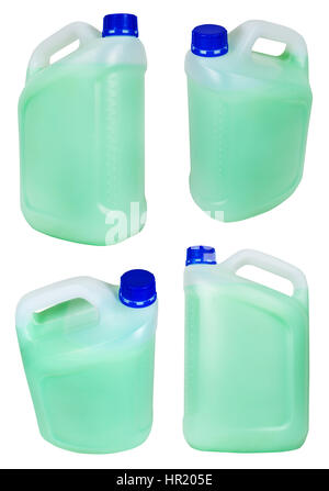 set from plastic jerrycans with green liquid isolated on white background Stock Photo