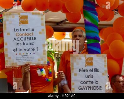 'Contact' support organization for families float in Paris Pride Parade 2015, Marche des Fiertés. Paris, France. Stock Photo