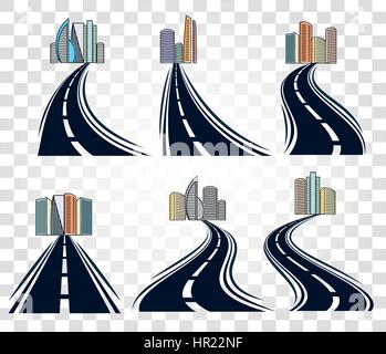 Isolated abstract road with dividing marking and cityscape icons set on checkered background,highway vector illustrations collection. Stock Vector