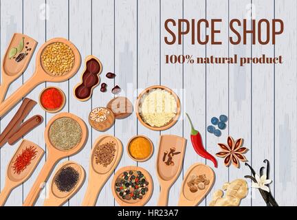 Wooden spoons and bowls with Realistic popular culinary spices on distressed white timber. Shop logo. Pepper, paprika, nutmeg, anise etc. For health c Stock Vector