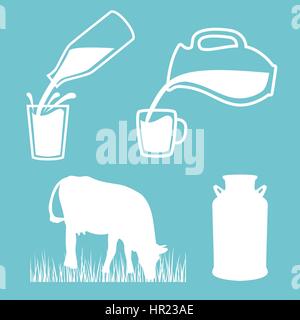 Cow, Milk can, Milk pouring from a bottle in cup, splashes. Jar, silhouettes on Blue background. Concept idea for diary, Cattle farm. For logo, tag, b Stock Vector