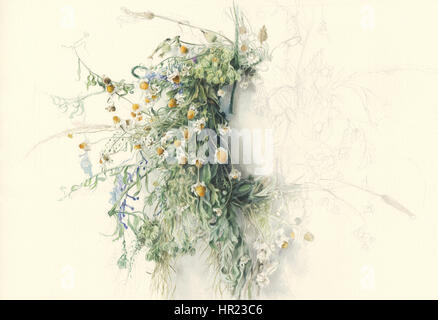 Wreath of wildflowers. Watercolor painting of flowers braided in wreath on off-white background. Stock Photo