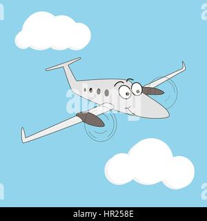 Cartoon style turboprop smiling airplane on a sky background. Happy two engine aircraft with big eyes. Sky, wings, fluffy clouds, windows, eyebrow, fl Stock Vector