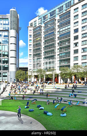 Sheldon Square UK mixed office apartment & shop development in Paddington Central landscaped urban city amphitheatre with small shopping retail units Stock Photo