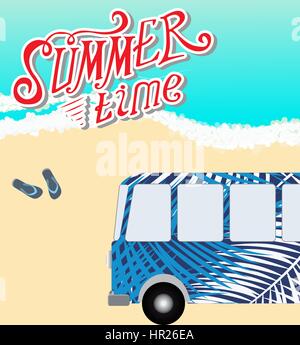 Cartoon van with bus standing in the road by the sea. Vector Ill Stock Vector