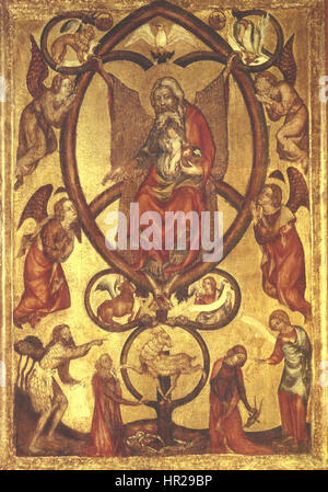 The Quinitas, a detail from the Altar of St. Mary's Church in Toruń, a painting from circa 1390, presenting the Church of the Assumption of Our Lady in Toruń. Stock Photo