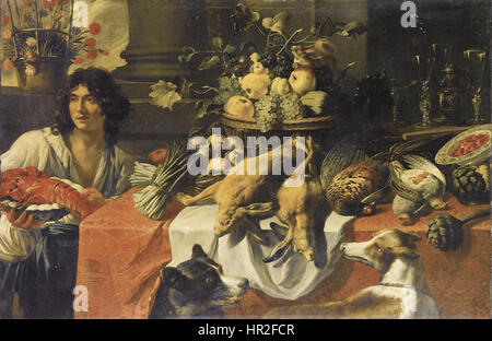 Peter van Boucle - Still life of fruit, vegetables and game on a table, with the figure of a boy laying lobster on a plate Stock Photo