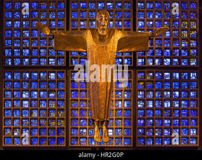 BERLIN, GERMANY, FEBRUARY - 15, 2017: The modern Jesus Christ statue in Kaiser Wilhelm Gedachtniskirche by Karl Hemmeter (1904 - 1986). Stock Photo