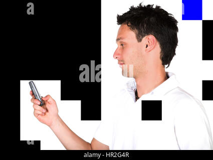 casual guy sending an sms over white Stock Photo