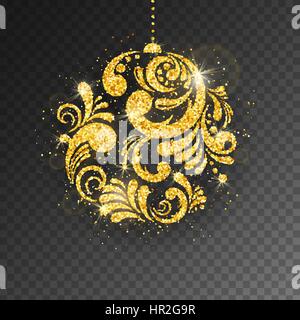 Vector Christmas New Year greeting card with sparkling glitter golden textured Christmas ball. Seasonal holidays design element isolated on transparen Stock Vector